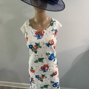 Neiman Marcus Floral Lace Midi Dress - White with Red and Blue